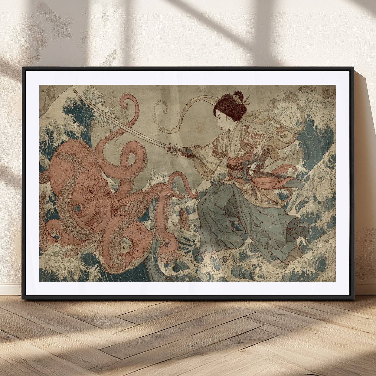 54879547-MGC-FP-36x24_Black-Samurai Woman Wall Art – Japanese Ukiyo-e Style Canvas Print with Katana and Octopus, Traditional Asian Inspired Battle Artwork