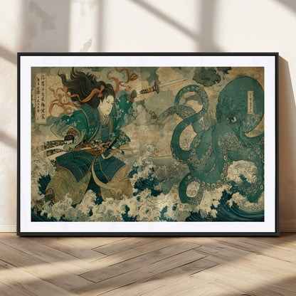 24416422-MGV-CV-36X24-Tsukioka Yoshitoshi Samurai Wall Art Print, Japanese Katana Warrior Canvas Wall Art, Octopus Sea Monster Canvas Print,