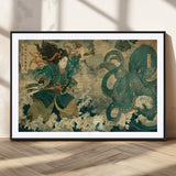 24416422-MGC-FP-36x24_Black-Samurai vs Octopus Wall Art – Japanese Warrior Ocean Battle Canvas Print, Ukiyo e Inspired Decor for Home, Office, or Man Cave