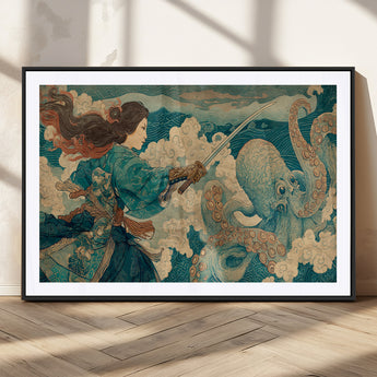37943964-MGV-CV-36X24-Tsukioka Yoshitoshi Samurai Wall Art Print, Japanese Katana Warrior Canvas Wall Art, Octopus Sea Monster Canvas Print,