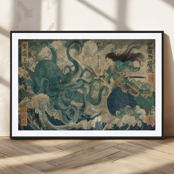 60346622-MGC-FP-36x24_Black-Samurai Warrior vs Octopus Wall Art – Japanese Ukiyo-e Style Ocean Battle Canvas Print, Traditional Samurai Artwork for Living