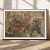 63782167-MGV-CV-36X24-Tsukioka Yoshitoshi Samurai Wall Art Print, Japanese Katana Warrior Canvas Wall Art, Octopus Sea Monster Canvas Print,