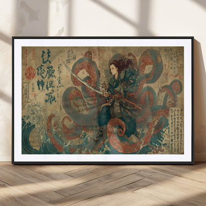 98593115-MGC-FP-36x24_Black-Samurai Warrior vs Octopus Wall Art – Japanese Ukiyo-e Calligraphy Canvas Print, Ocean Battle Scene Artwork for Living Room,