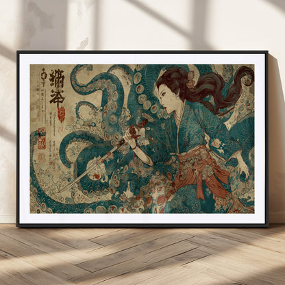 18575670-MGV-CV-36X24-Tsukioka Yoshitoshi Samurai Wall Art Print, Japanese Katana Warrior Canvas Wall Art, Octopus Sea Monster Canvas Print,