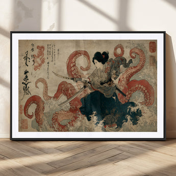 50812504-MGV-CV-36X24-Tsukioka Yoshitoshi Samurai Wall Art Print, Japanese Katana Warrior Canvas Wall Art, Octopus Sea Monster Canvas Print,
