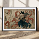 50812504-MGC-FP-36x24_Black-Samurai Woman vs Octopus Wall Art – Japanese Ukiyo-e Red Tentacle Canvas Print, Ocean Battle Artwork for Living Room, Office, Man