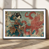 68844327-MGV-CV-36X24-Tsukioka Yoshitoshi Samurai Wall Art Print, Japanese Katana Warrior Canvas Wall Art, Octopus Sea Monster Canvas Print,