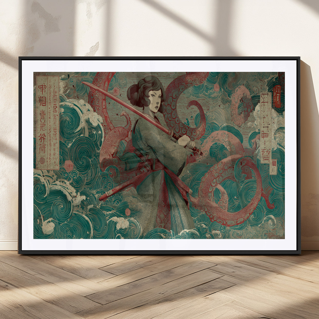 91666601-MGC-FP-36x24_Black-Samurai Woman vs Octopus Wall Art – Japanese Ukiyo-e Green Robe Canvas Print, Ocean Battle Artwork for Living Room, Office, Man