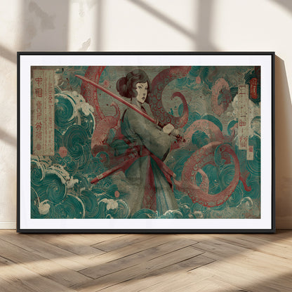 91666601-MGC-FP-36x24_Black-Samurai Woman vs Octopus Wall Art – Japanese Ukiyo-e Green Robe Canvas Print, Ocean Battle Artwork for Living Room, Office, Man