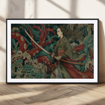 18902796-MGC-FP-36x24_Black-Samurai Woman vs Octopus Wall Art – Japanese Ukiyo-e Green Kimono Canvas Print, Ocean Battle Scene Artwork for Living Room,