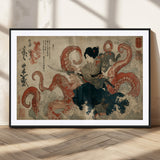 82737246-MGC-FP-36x24_Black-Samurai Woman vs Octopus Wall Art – Japanese Ukiyo-e Dual Sword Canvas Print, Red Tentacle Ocean Battle Artwork for Living Room,