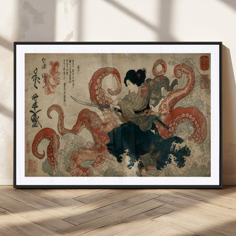 82737246-MGC-FP-36x24_Black-Samurai Woman vs Octopus Wall Art – Japanese Ukiyo-e Dual Sword Canvas Print, Red Tentacle Ocean Battle Artwork for Living Room,
