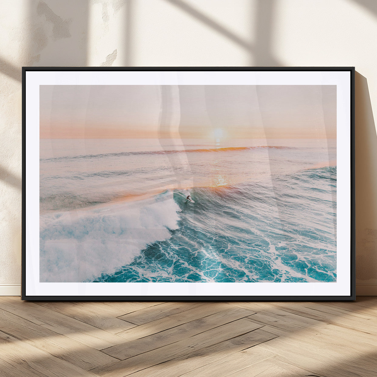 34064591-MGC-FP-36x24_Black-Surfing Wall Art – Sunset Ocean Wave Canvas Print, Surfer Riding Sea Photography Decor for Bedroom, Living Room, Office, Coastal
