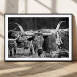 15425553-MGC-FP-36x24_Black-Western Wall Art – Longhorn Cattle Black and White Canvas Print, Rustic Ranch Photography Decor for Bedroom, Living Room, Office,