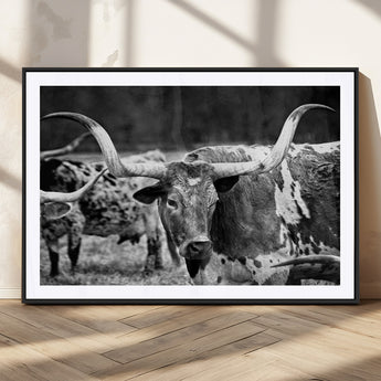 15425553-MGC-FP-36x24_Black-Western Wall Art – Longhorn Cattle Black and White Canvas Print, Rustic Ranch Photography Decor for Bedroom, Living Room, Office,