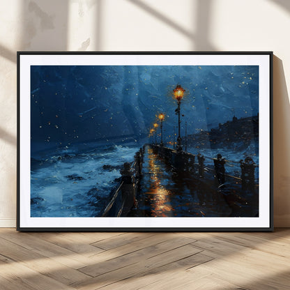 48300530-MGV-CV-36X24-Dark Stormy Pier Canvas Wall Art – Moody Ocean Night Scene with Street Lamps, Blue Coastal Seascape Print for Bedroom, Office, or