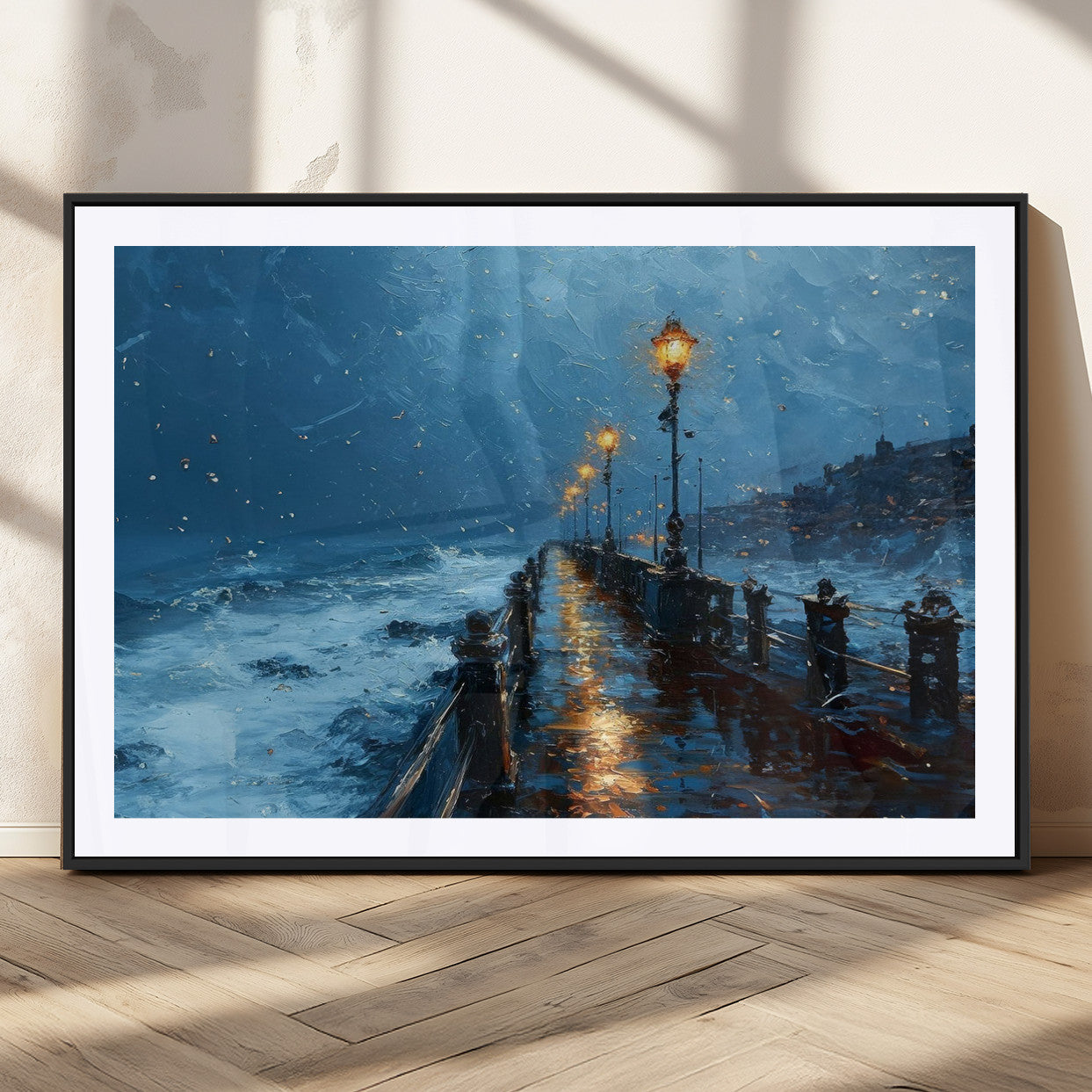 93793246-MGC-FP-36x24_Black-Stormy Night Pier Canvas Wall Art – Moody Ocean Landscape with Lights, Blue Coastal Seascape Print for Bedroom, Living Room,