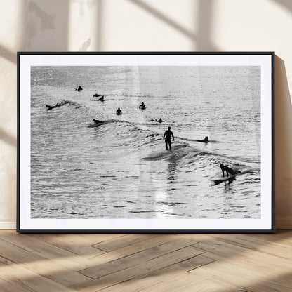 68018616-MGC-FP-36x24_Black-Black and White Surf Photography Print – Minimalist Ocean Wall Art, Surfers Riding Waves, Coastal Beach Decor for Modern Home or