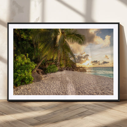 89531159-MGC-FP-36x24_Black-Tropical Beach Sunset Canvas Wall Art – Palm Trees Golden Sand Ocean Waves Coastal Paradise Print for Beach House Bedroom Bathroom