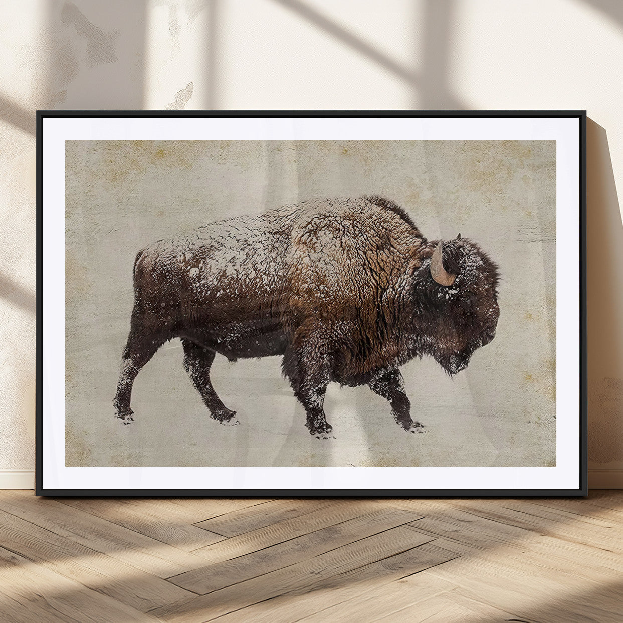 54810031-MGC-FP-36x24_Black-Western Wall Art – Snow Covered Bison Canvas Print, Rustic Wildlife Photography Decor for Bedroom, Living Room, Office, Lodge,