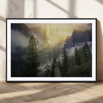 38316884-MGC-FP-36x24_Black-Landscape Wall Art – Misty Mountain Valley Canvas Print, Scenic Pine Forest and Sunrise Photography Decor for Bedroom, Living