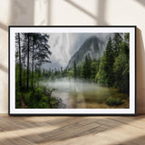 93123937-MGC-FP-36x24_Black-Landscape Wall Art – Misty Mountain Lake Canvas Print, Tranquil Forest and Waterfall Photography Decor for Bedroom, Living Room,
