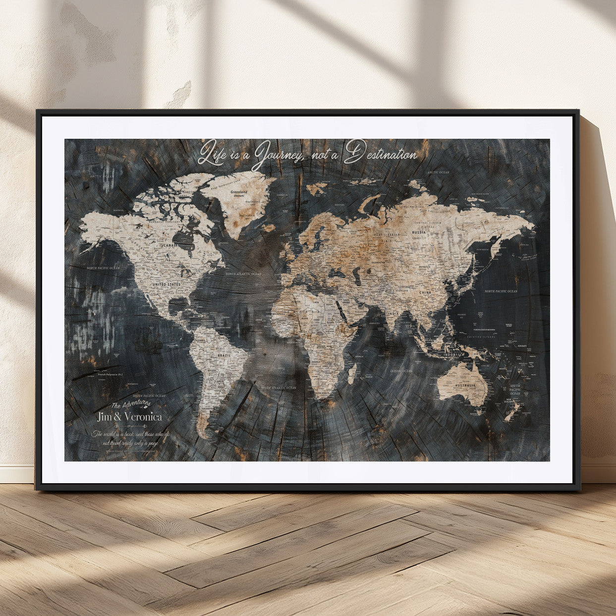 55548943-MGC-FP-36x24_Black-Personalized World Map Wall Art – Rustic Wood Texture Adventure Travel Map with Custom Couple Names, Vintage Dark Wall Decor for
