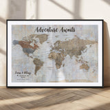 30792405-MGC-FP-36x24_Black-Personalized World Map Wall Art – Rustic Beige Adventure Travel Map with Custom Couple Names, Vintage Wall Decor for Home or