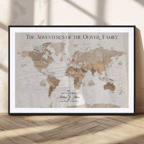 43869621-MGC-FP-36x24_Black-Personalized World Map Wall Art – Light Beige Sepia Adventure Travel Map with Custom Family or Couple Names, Rustic Wall Decor for