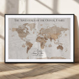 43869621-MGC-FP-36x24_Black-Personalized World Map Wall Art – Light Beige Sepia Adventure Travel Map with Custom Family or Couple Names, Rustic Wall Decor for