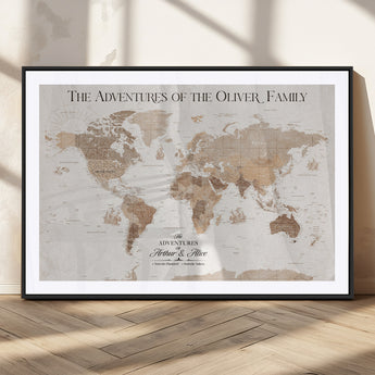43869621-MGC-FP-36x24_Black-Personalized World Map Wall Art – Light Beige Sepia Adventure Travel Map with Custom Family or Couple Names, Rustic Wall Decor for