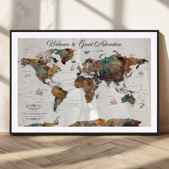 67029173-MGC-FP-36x24_Black-Personalized World Map Wall Art – Colorful Vintage Adventure Travel Map with Custom Couple Names, Rustic Wall Decor for Home,