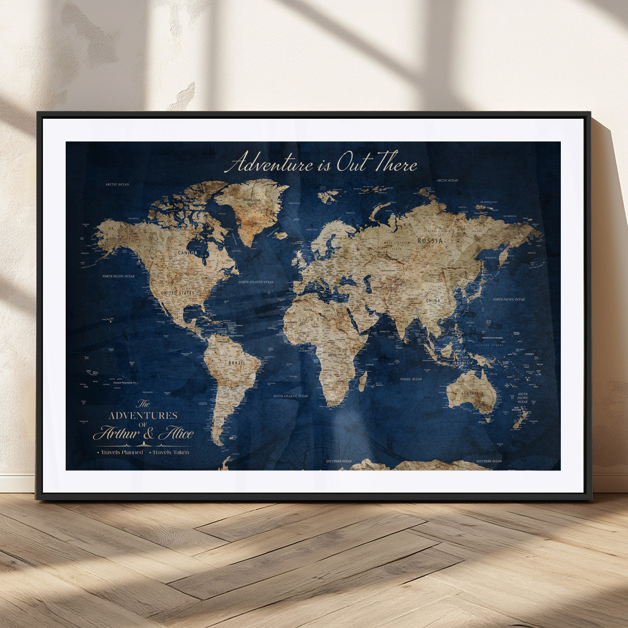 71052542-MGC-FP-36x24_Black-Personalized World Map Wall Art – Rustic Navy Blue Adventure Travel Map with Custom Couple Names, Vintage Wall Decor for Home or