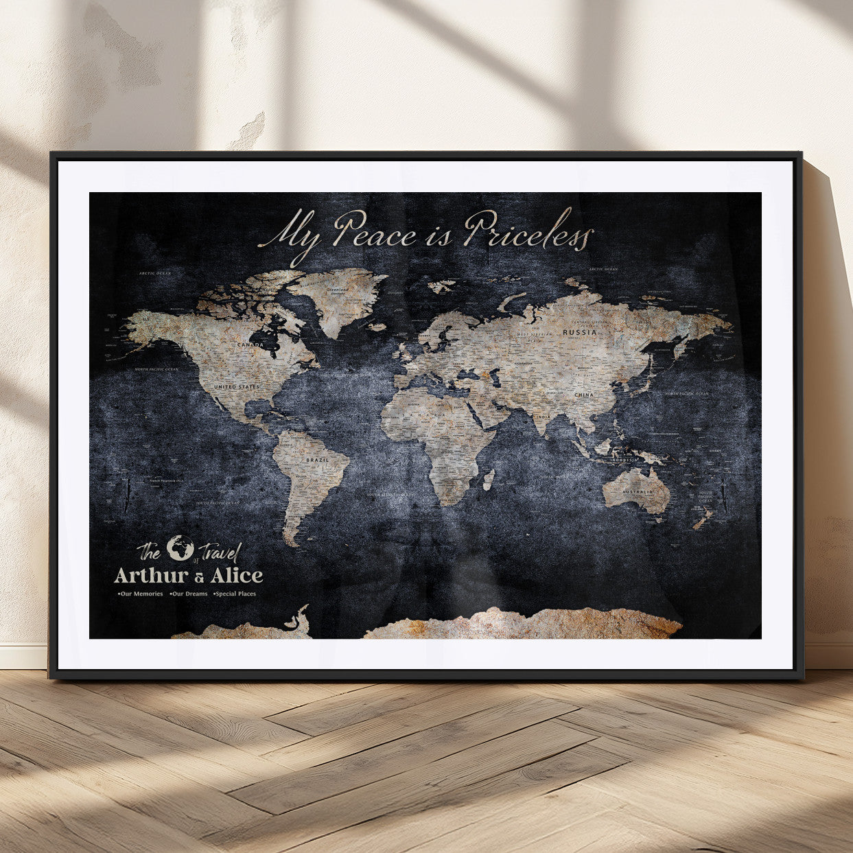 85403043-MGV-CV-36X24-Personalized World Map Wall Art – Dark Blue Rustic Adventure Map with Custom Couple Names, Vintage Wall Decor for Home or Travel