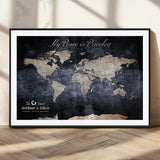 85403043-MGV-CV-36X24-Personalized World Map Wall Art – Dark Blue Rustic Adventure Map with Custom Couple Names, Vintage Wall Decor for Home or Travel