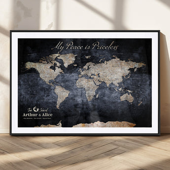 85403043-MGV-CV-36X24-Personalized World Map Wall Art – Dark Blue Rustic Adventure Map with Custom Couple Names, Vintage Wall Decor for Home or Travel