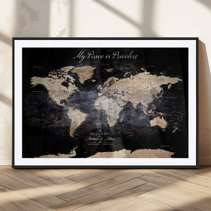 51488142-MGC-FP-36x24_Black-Personalized World Map Wall Art – Dark Rustic Adventure Travel Map with Custom Names, Vintage Wall Decor for Couples, Families or