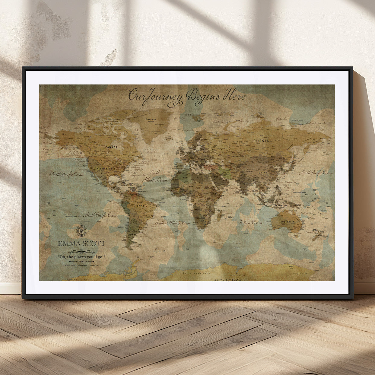 54795344-MGC-FP-36x24_Black-Personalized World Map Wall Art – Vintage Adventure Travel Map with Custom Names, Rustic Wall Décor for Couples, Families