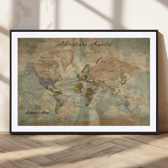62500285-MGC-FP-36x24_Black-Personalized World Map Wall Art – Rustic Watercolor Adventure Awaits Travel Map with Custom Couple Names, Vintage Wall Decor for