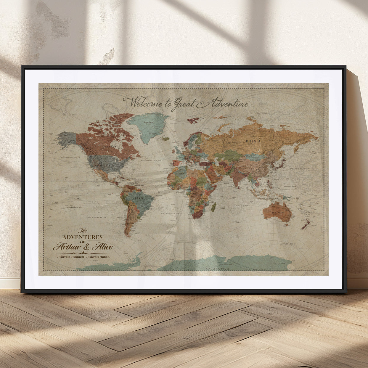 43497401-MGC-FP-36x24_Black-Personalized World Map Wall Art – Vintage Rustic Adventure Travel Map with Custom Couple Names, Welcome to Great Adventure Wall