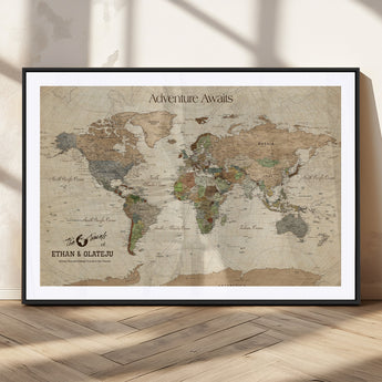 62766900-MGC-FP-36x24_Black-Personalized World Map Wall Art – Antique Parchment Adventure Travel Map with Custom Couple Names, Rustic Wall Decor for Home,