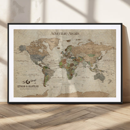 62766900-MGC-FP-36x24_Black-Personalized World Map Wall Art – Antique Parchment Adventure Travel Map with Custom Couple Names, Rustic Wall Decor for Home,