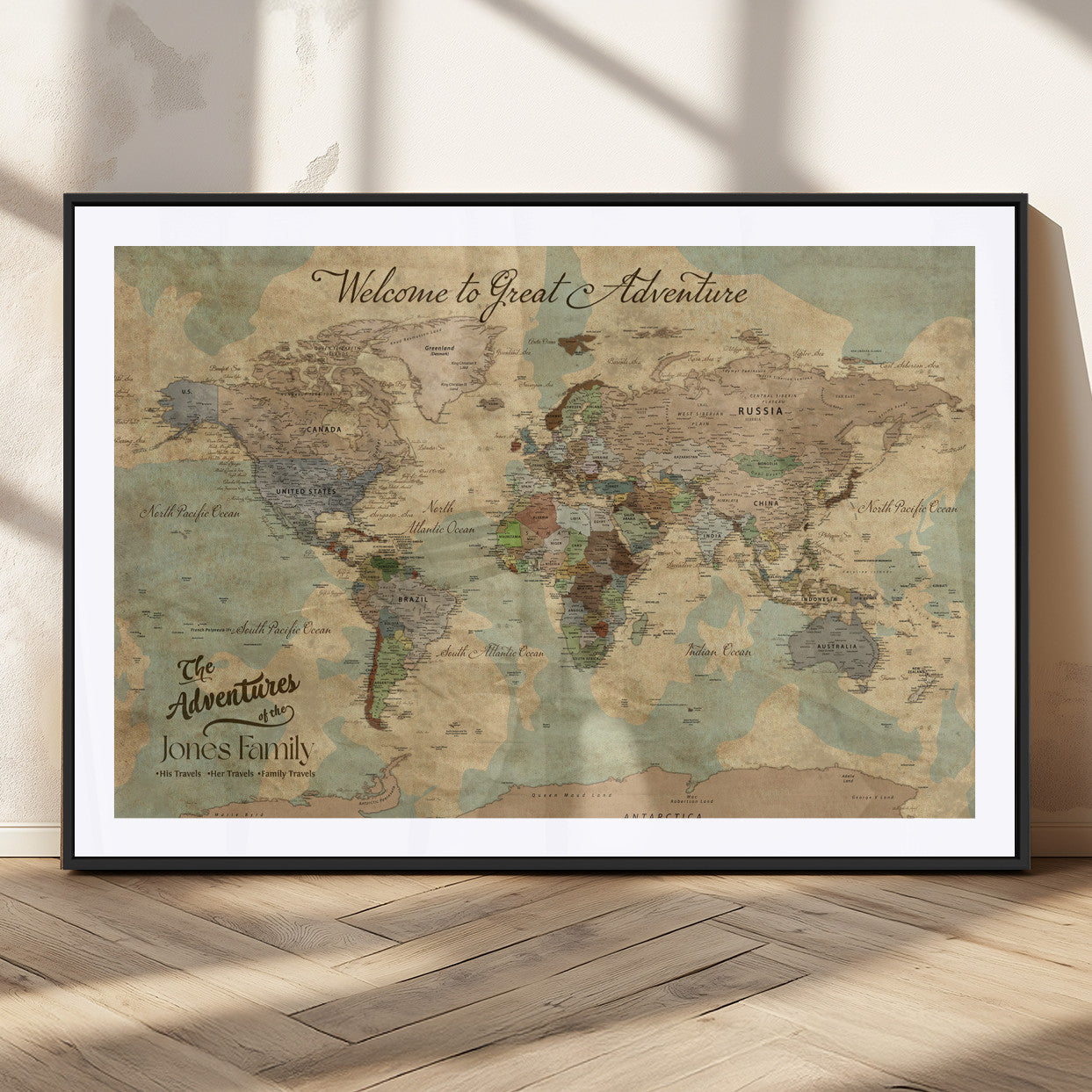 32019746-MGC-FP-36x24_Black-Personalized World Map Wall Art – Vintage Camo Adventure Travel Map with Custom Family Names, Rustic Wall Decor for Couples, Home