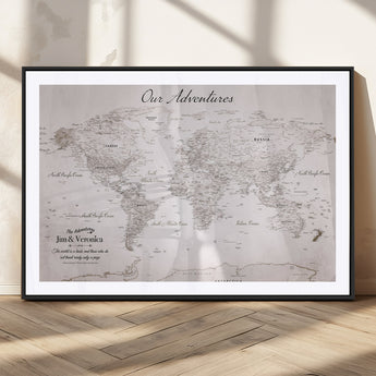 11706567-MGC-FP-36x24_Black-Personalized World Map Wall Art – Minimalist Beige Adventure Travel Map with Custom Names, Elegant Push Pin Canvas for Couples,