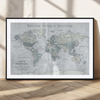 70605050-MGC-FP-36x24_Black-Personalized World Map Wall Art – Cool Gray Adventure Travel Map with Custom Names, Elegant Push Pin Canvas for Couples, Family