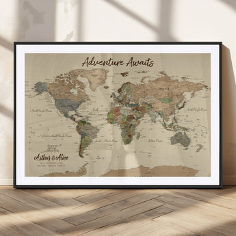 53442996-MGC-FP-36x24_Black-Personalized World Map Wall Art – Adventure Awaits Vintage Travel Map with Custom Couple Names, Rustic Wall Decor for Home,