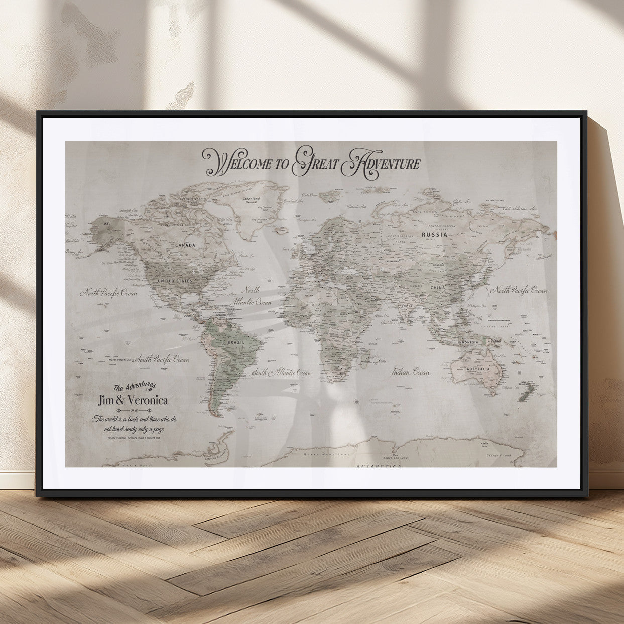 93034948-MGC-FP-36x24_Black-Personalized World Map Wall Art – Vintage Beige Adventure Travel Map with Custom Names, Elegant Push Pin Canvas for Couples,