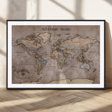 93226713-MGC-FP-36x24_Black-Personalized World Map Wall Art – Adventure Awaits Rustic Earth-Tone Travel Map with Custom Names, Vintage Wall Decor for Couples,