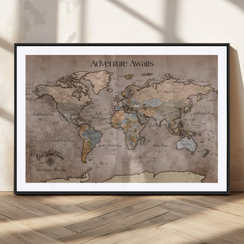 93226713-MGC-FP-36x24_Black-Personalized World Map Wall Art – Adventure Awaits Rustic Earth-Tone Travel Map with Custom Names, Vintage Wall Decor for Couples,