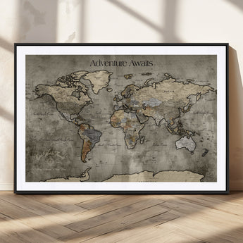 72658967-MGC-FP-36x24_Black-Personalized World Map Wall Art – Adventure Awaits Rustic Sepia Travel Map with Custom Names, Vintage Wall Decor for Couples, Home
